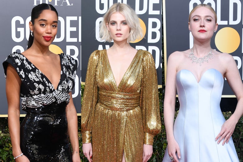 Laura Harrier, Lucy Boynton, and Dakota Fanning at the 2019 Golden Globes.